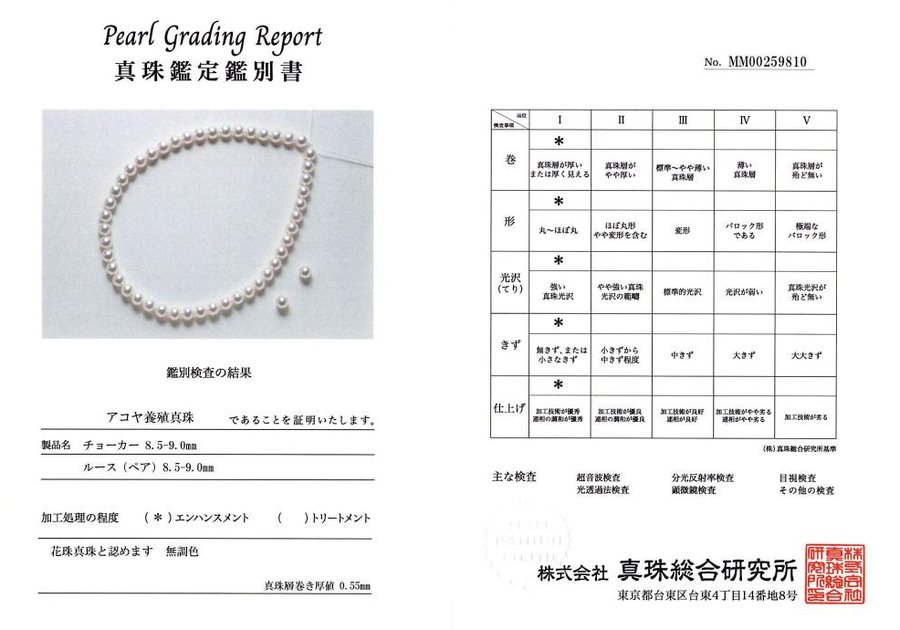 真珠総合研究所の鑑定書。花珠真珠と認めます、無調色と記載