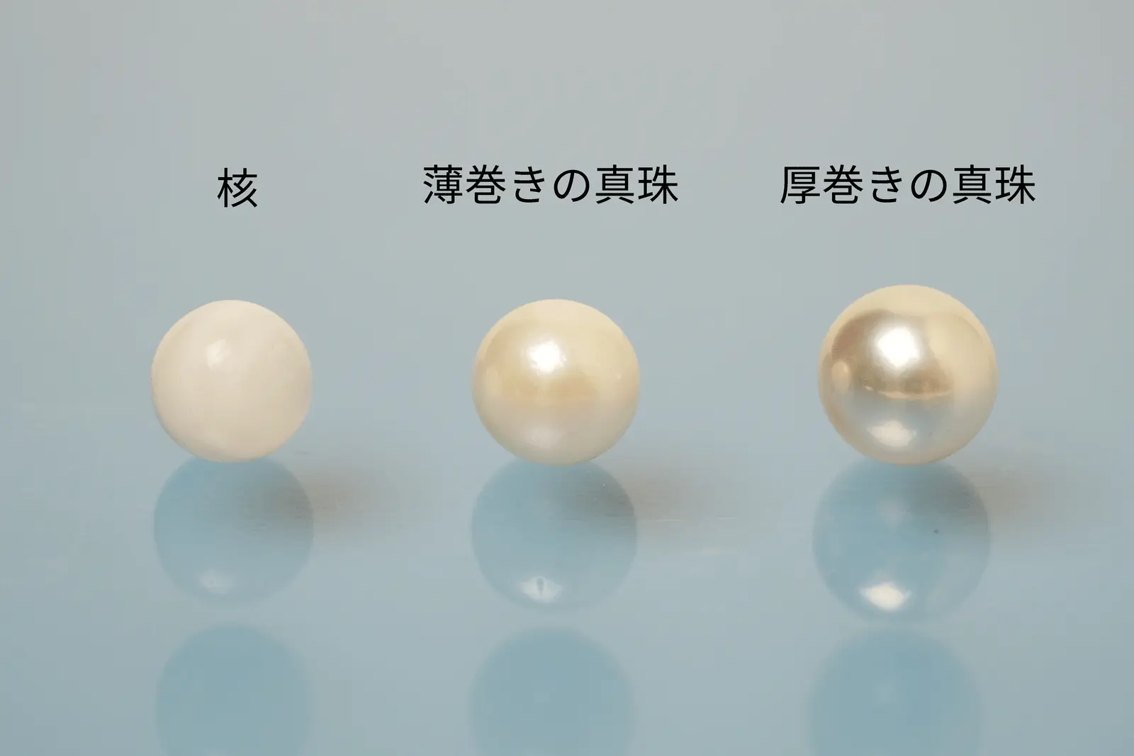 核、薄巻き真珠、厚巻き真珠の比較写真