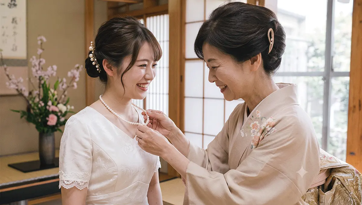 厄年を迎える娘に、母が真珠のネックレスを贈る様子